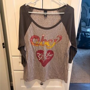 Obey Heather Grey Scoop-Neck Tee with Dark Trim